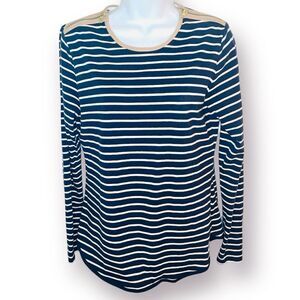 Nautica Striped Womens Long Sleeve Top Zipper Shoulders Tan Trim Navy White M